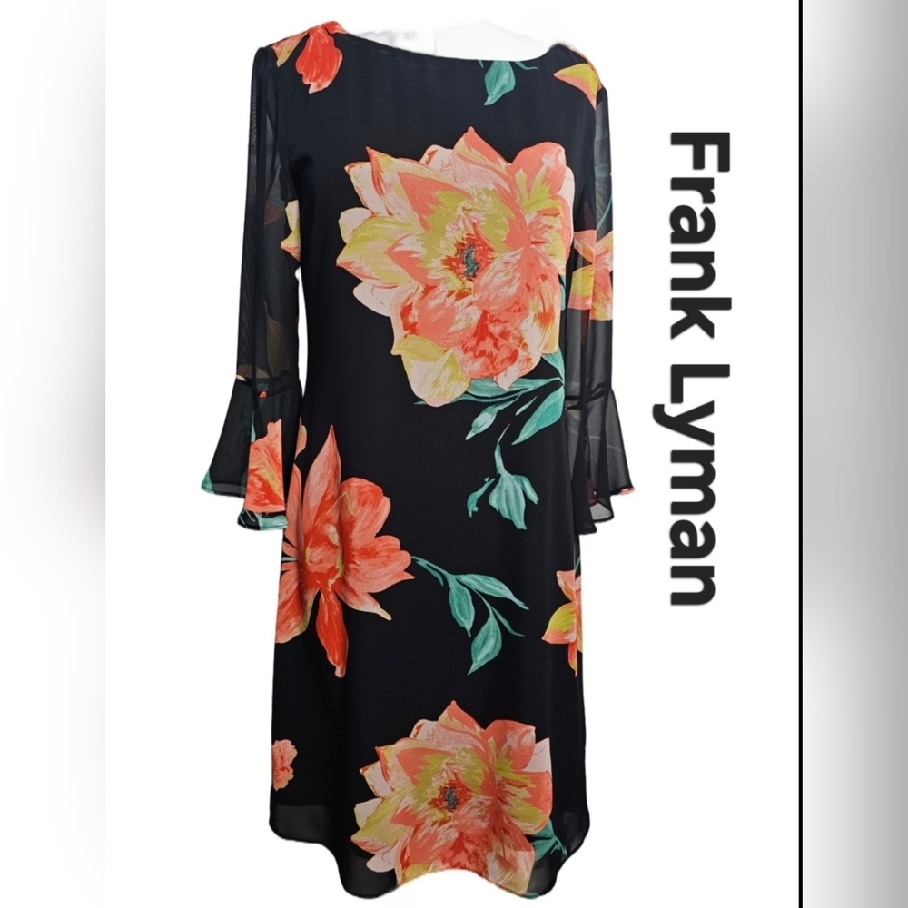 Frank Lyman Black And Large Floral Print Long Flare Sheet Sleeves Sz 4